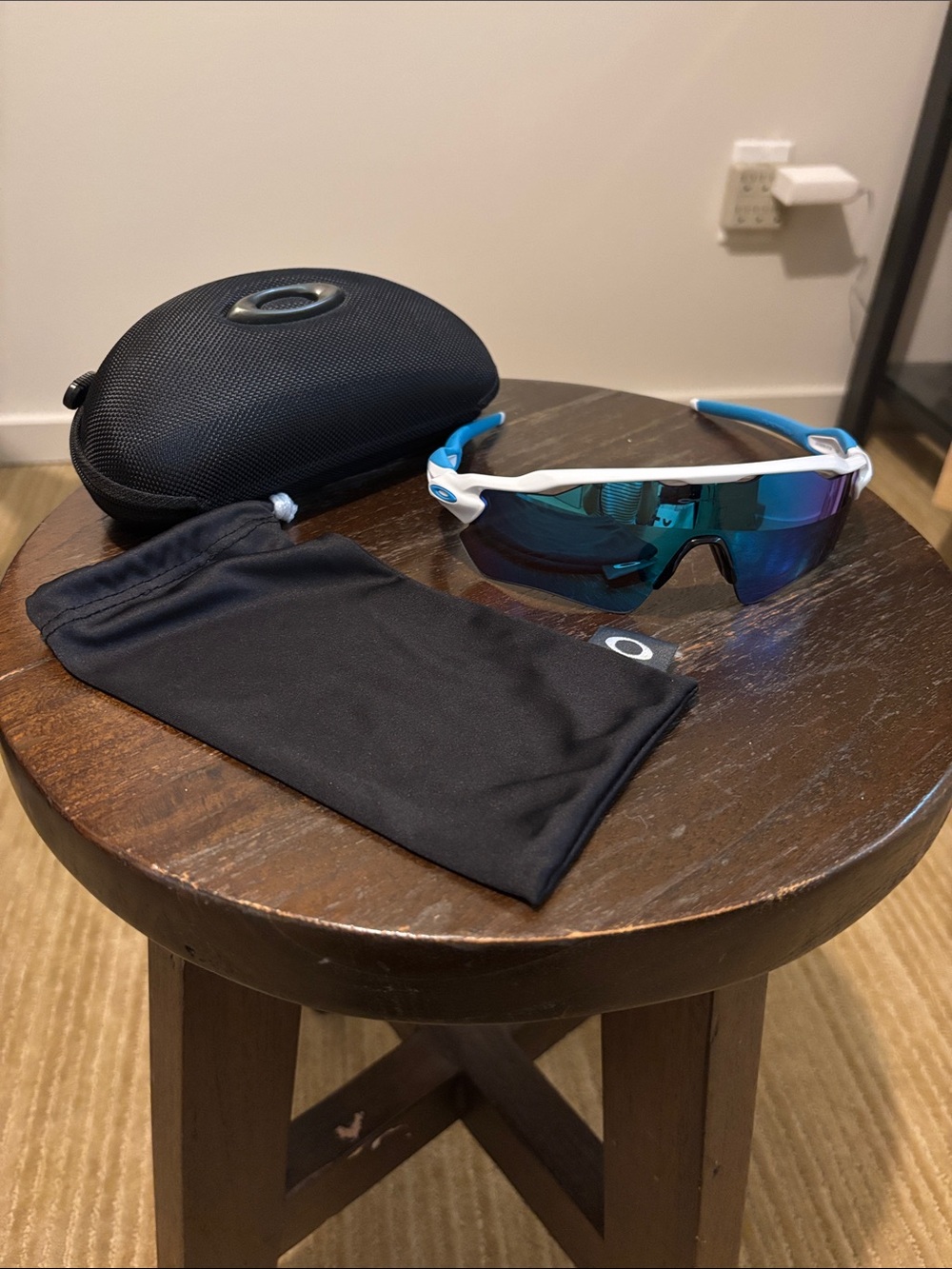 Oakley Radar EV White and Blue Wrap Sunglasses with Mirrored Teal Lens